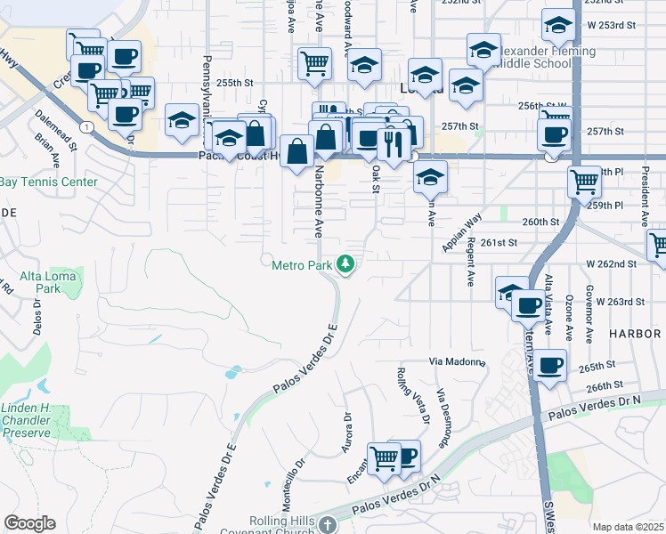 map of restaurants, bars, coffee shops, grocery stores, and more near 26130 Narbonne Avenue in Lomita