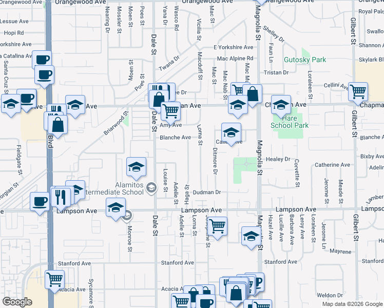 map of restaurants, bars, coffee shops, grocery stores, and more near 12252 Haga Street in Garden Grove