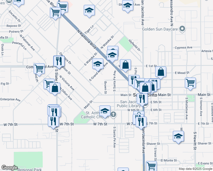 map of restaurants, bars, coffee shops, grocery stores, and more near 271 Brown Street in San Jacinto