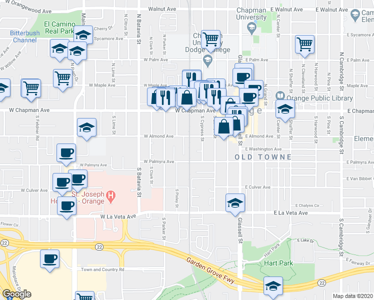 map of restaurants, bars, coffee shops, grocery stores, and more near 255 South Foley Place in Orange
