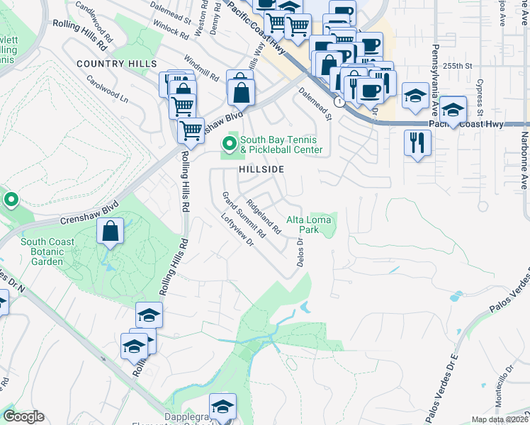 map of restaurants, bars, coffee shops, grocery stores, and more near 2541 Ridgeland Road in Torrance