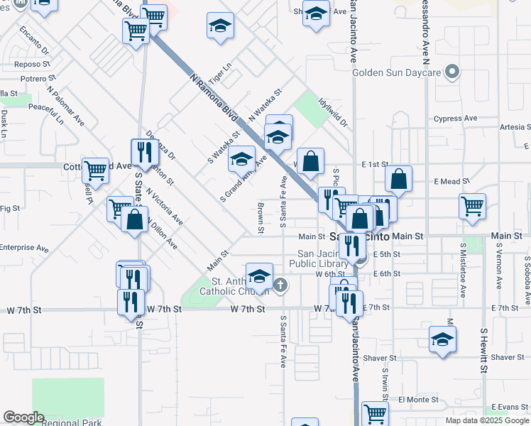 map of restaurants, bars, coffee shops, grocery stores, and more near 269 Brown Avenue in San Jacinto