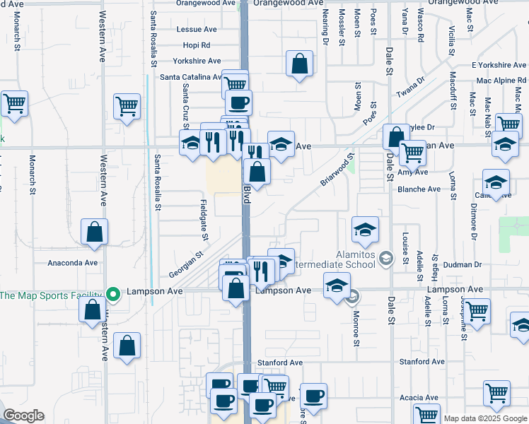 map of restaurants, bars, coffee shops, grocery stores, and more near 28 Bigsby Drive in Stanton