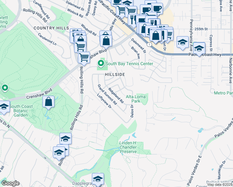 map of restaurants, bars, coffee shops, grocery stores, and more near 2541 Ridgeland Road in Torrance