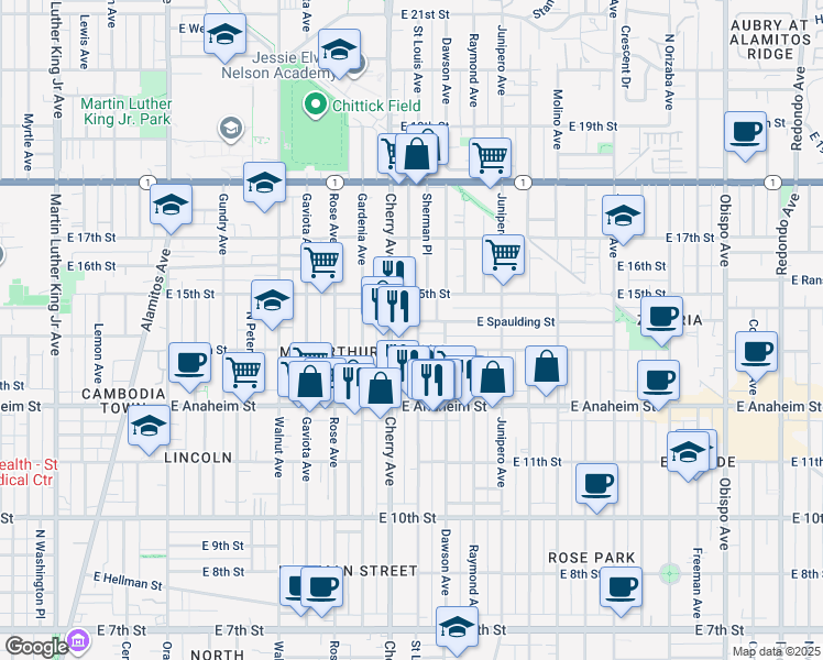 map of restaurants, bars, coffee shops, grocery stores, and more near 2039 East 14th Street in Long Beach
