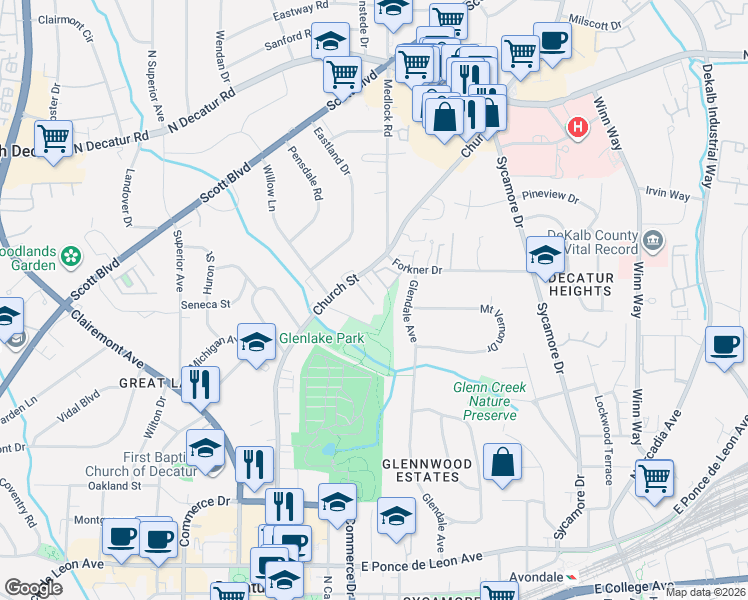 map of restaurants, bars, coffee shops, grocery stores, and more near 146 Norris Street in Decatur