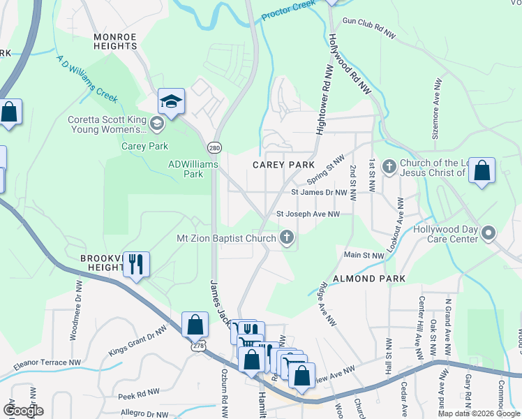 map of restaurants, bars, coffee shops, grocery stores, and more near 1095 Northwest Drive Northwest in Atlanta
