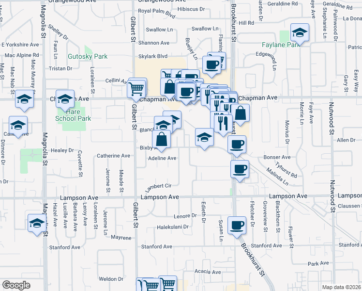 map of restaurants, bars, coffee shops, grocery stores, and more near 12261 Hester Place in Garden Grove