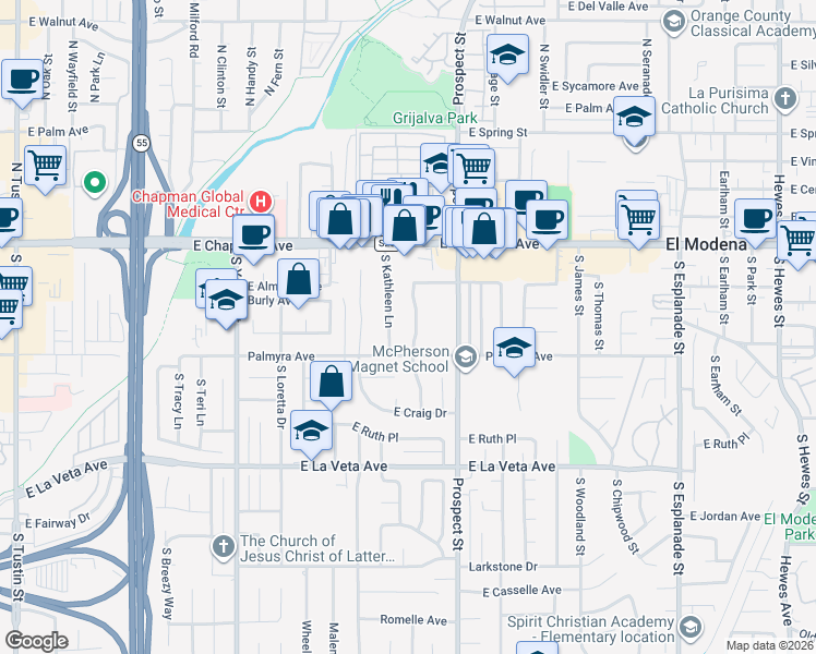 map of restaurants, bars, coffee shops, grocery stores, and more near 244 South Violet Lane in Orange