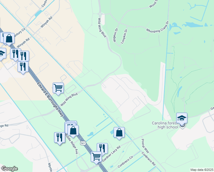 map of restaurants, bars, coffee shops, grocery stores, and more near 300 Kiskadee Loop in Conway