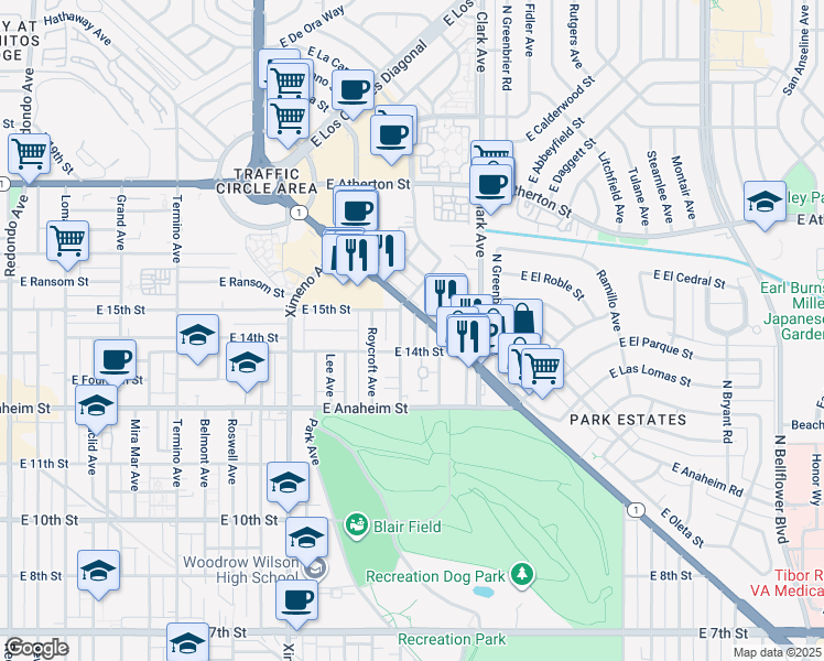 map of restaurants, bars, coffee shops, grocery stores, and more near 1441 N Anaheim Pl in Long Beach