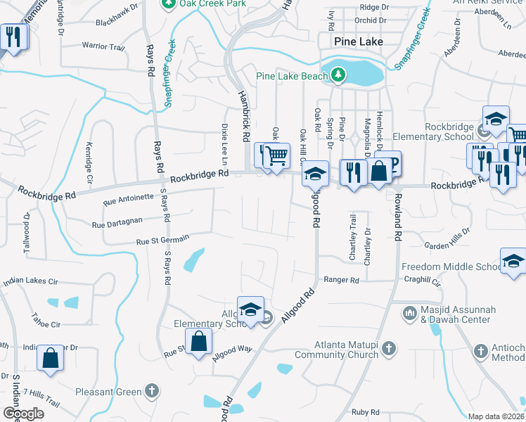 map of restaurants, bars, coffee shops, grocery stores, and more near 447 Sheppard Crook in Stone Mountain