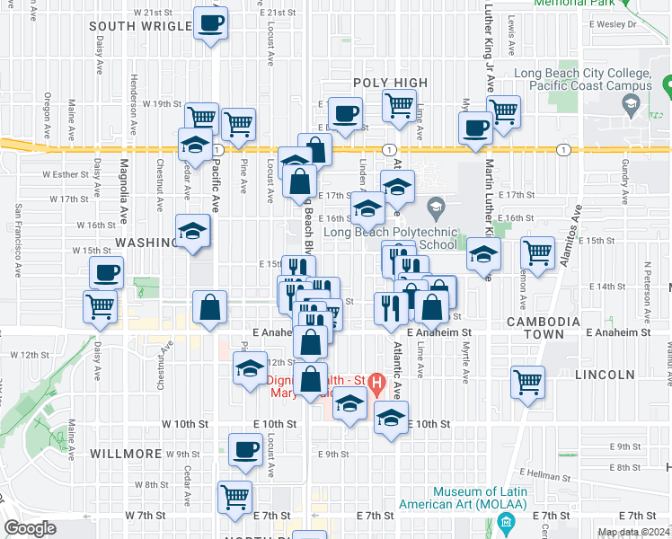 map of restaurants, bars, coffee shops, grocery stores, and more near 1440 North Elm Avenue in Long Beach