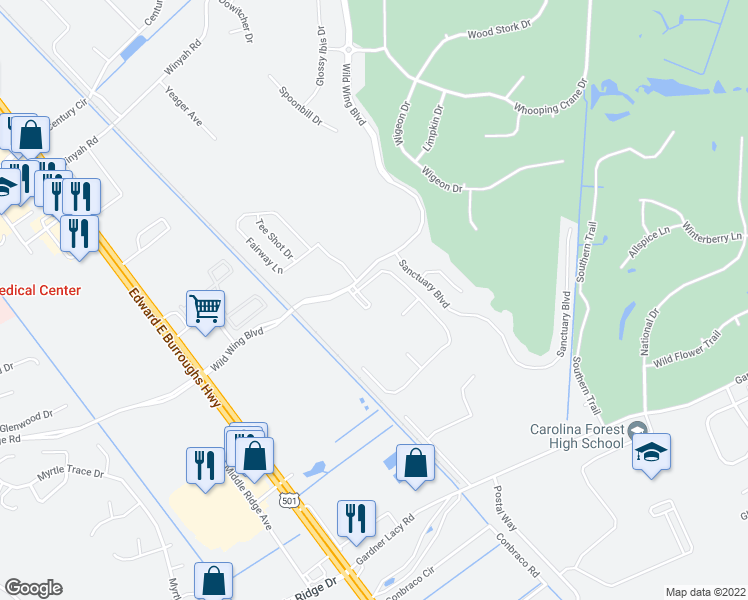 map of restaurants, bars, coffee shops, grocery stores, and more near 300 Kiskadee Loop in Conway