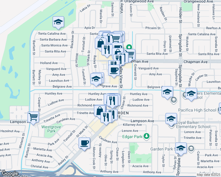 map of restaurants, bars, coffee shops, grocery stores, and more near 5902 Belgrave Avenue in Garden Grove