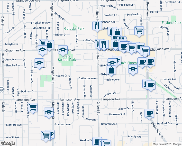 map of restaurants, bars, coffee shops, grocery stores, and more near 9393 Catherine Avenue in Garden Grove