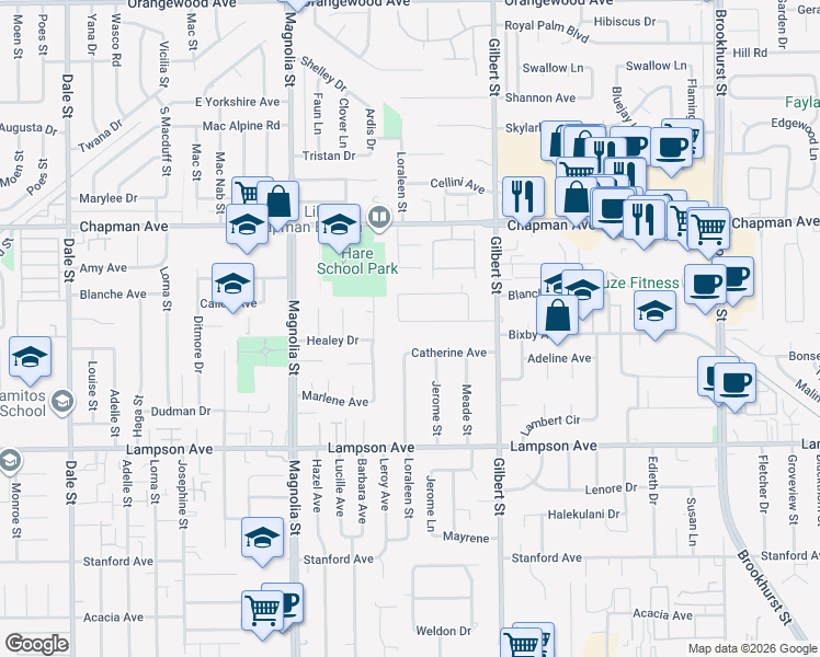 map of restaurants, bars, coffee shops, grocery stores, and more near 9301 Catherine Avenue in Garden Grove