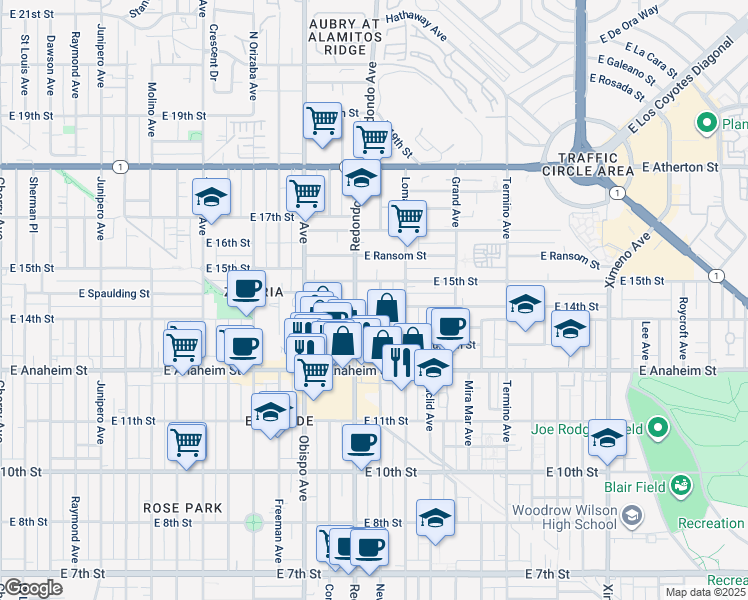 map of restaurants, bars, coffee shops, grocery stores, and more near 1400 Redondo Avenue in Long Beach
