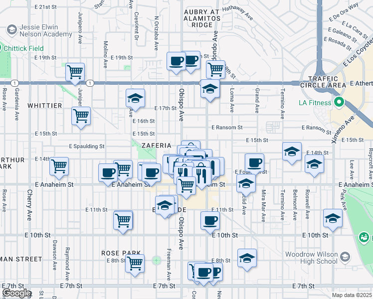 map of restaurants, bars, coffee shops, grocery stores, and more near 1400 Coronado Avenue in Long Beach