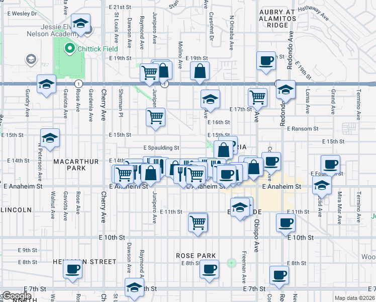 map of restaurants, bars, coffee shops, grocery stores, and more near 2605 East 14th Street in Long Beach