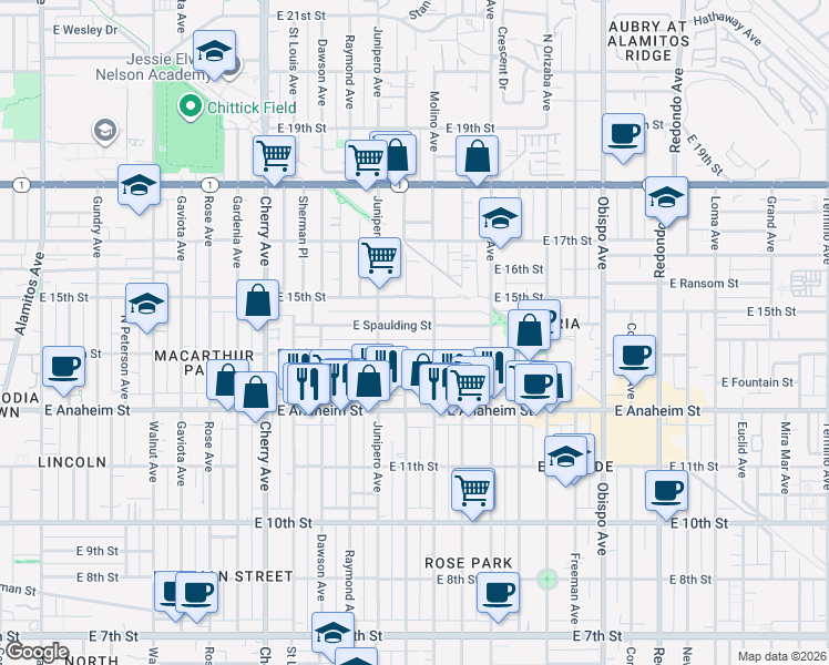 map of restaurants, bars, coffee shops, grocery stores, and more near 2500 East Spaulding Street in Long Beach