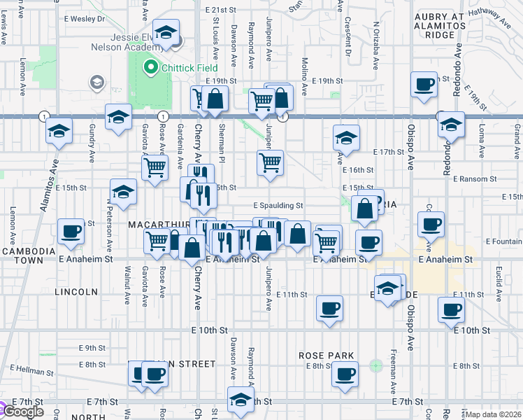 map of restaurants, bars, coffee shops, grocery stores, and more near 2313 East 14th Street in Long Beach