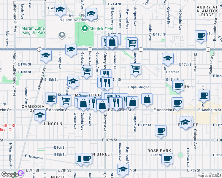map of restaurants, bars, coffee shops, grocery stores, and more near 2039 East 14th Street in Long Beach