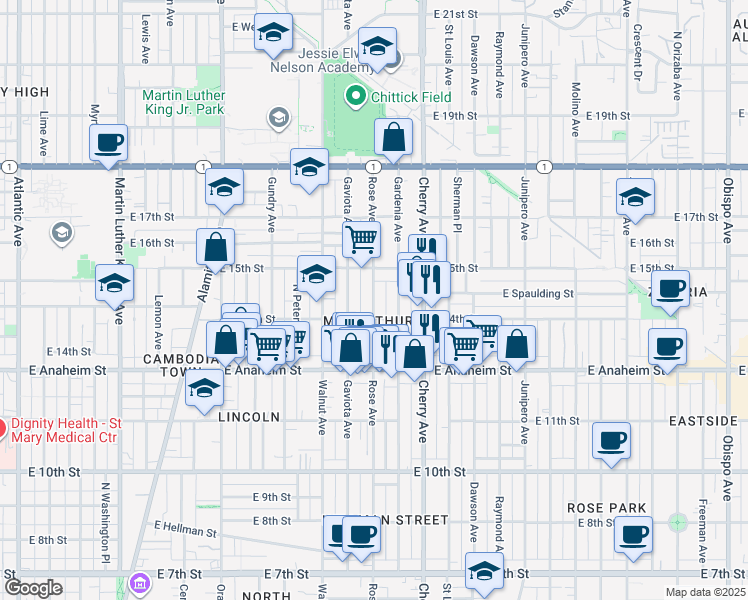 map of restaurants, bars, coffee shops, grocery stores, and more near 1401 Rose Avenue in Long Beach