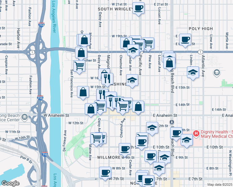 map of restaurants, bars, coffee shops, grocery stores, and more near in Long Beach