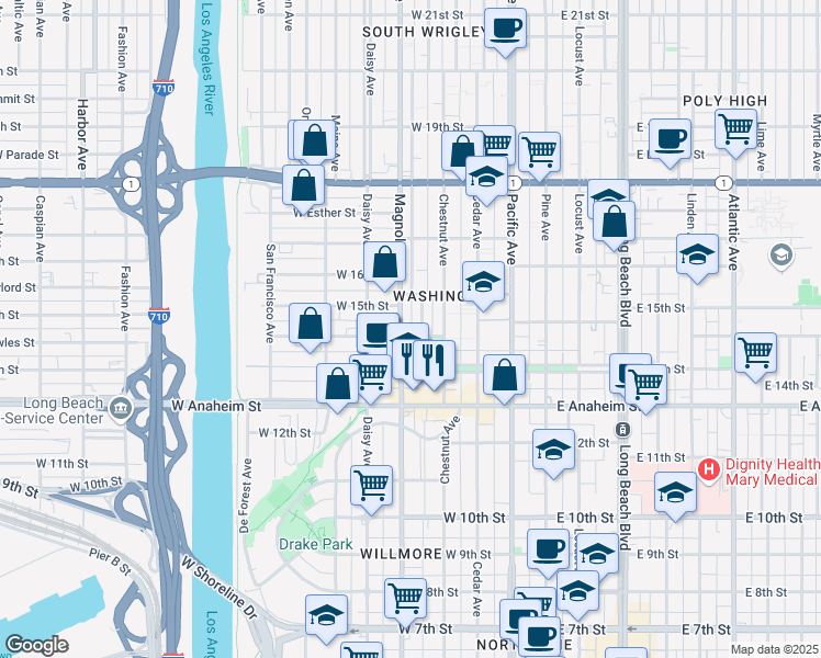 map of restaurants, bars, coffee shops, grocery stores, and more near in Long Beach