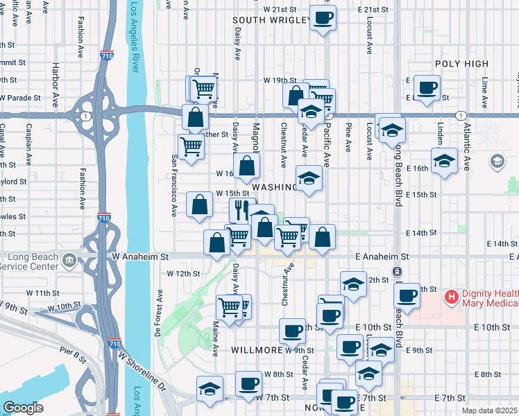 map of restaurants, bars, coffee shops, grocery stores, and more near 512 West Cowles Street in Long Beach