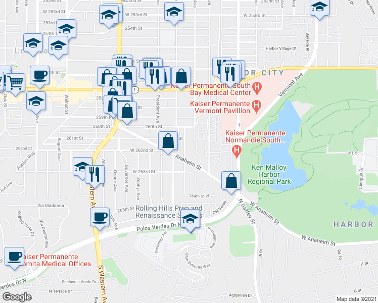 map of restaurants, bars, coffee shops, grocery stores, and more near 1500 West Anaheim Street in Los Angeles