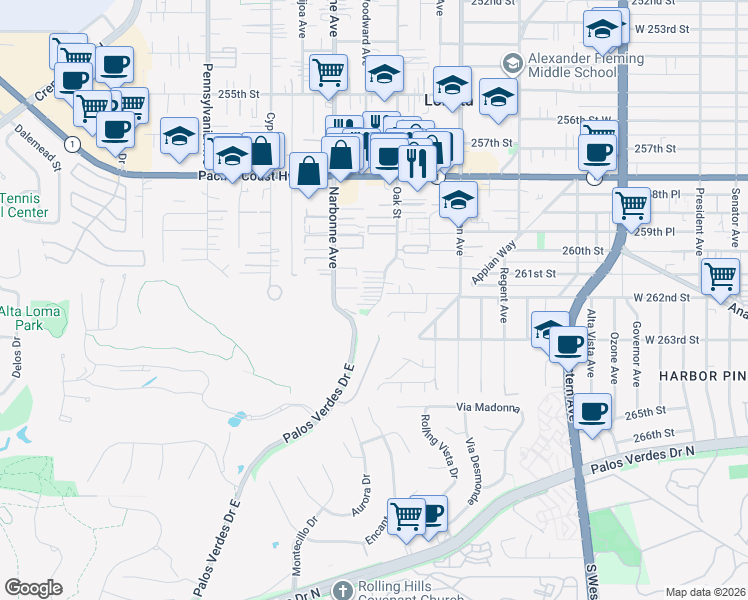 map of restaurants, bars, coffee shops, grocery stores, and more near 26232 Oak Street in Lomita