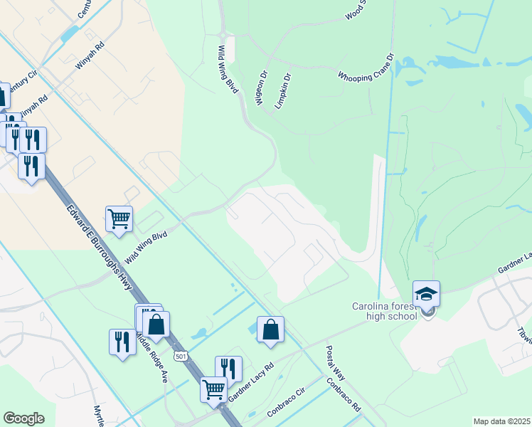 map of restaurants, bars, coffee shops, grocery stores, and more near 316 Wild Wing Boulevard in Conway