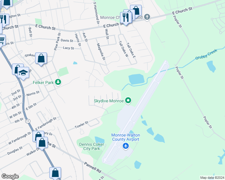 map of restaurants, bars, coffee shops, grocery stores, and more near 1043 Wheel House Lane in Monroe