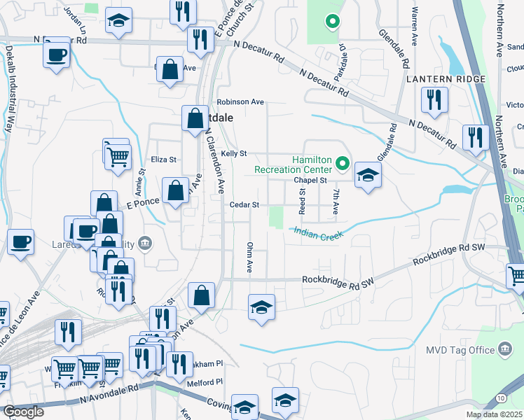 map of restaurants, bars, coffee shops, grocery stores, and more near 3143 Cedar Street in Scottdale