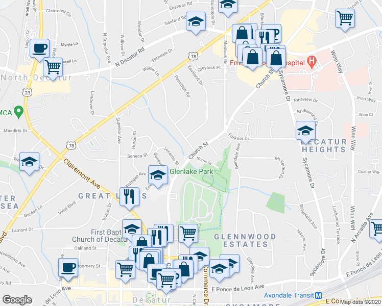 map of restaurants, bars, coffee shops, grocery stores, and more near 1179 Church Street in Decatur