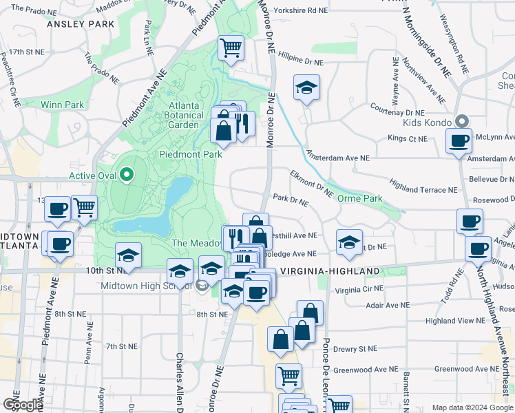 map of restaurants, bars, coffee shops, grocery stores, and more near 1095 Monroe Drive Northeast in Atlanta