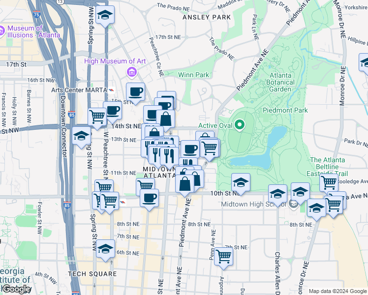 map of restaurants, bars, coffee shops, grocery stores, and more near 202 12th Street Northeast in Atlanta