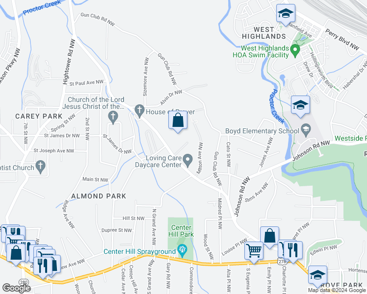 map of restaurants, bars, coffee shops, grocery stores, and more near 1057 Hollywood Road in Atlanta