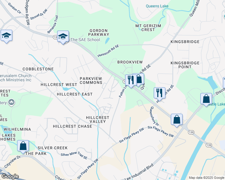 map of restaurants, bars, coffee shops, grocery stores, and more near 6944 Felton Lane in Mableton