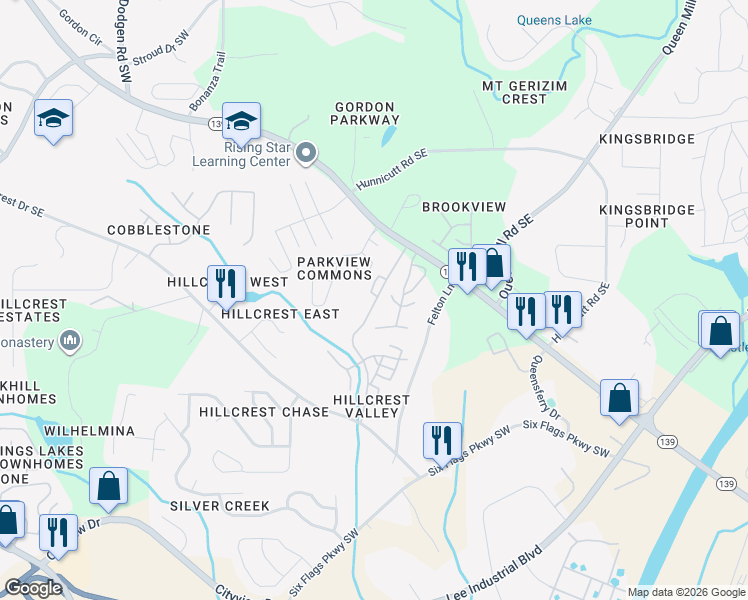 map of restaurants, bars, coffee shops, grocery stores, and more near 6850 Mableton Parkway Southeast in Mableton