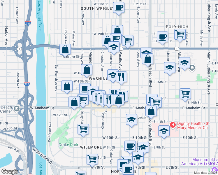 map of restaurants, bars, coffee shops, grocery stores, and more near 1415 Cedar Avenue in Long Beach