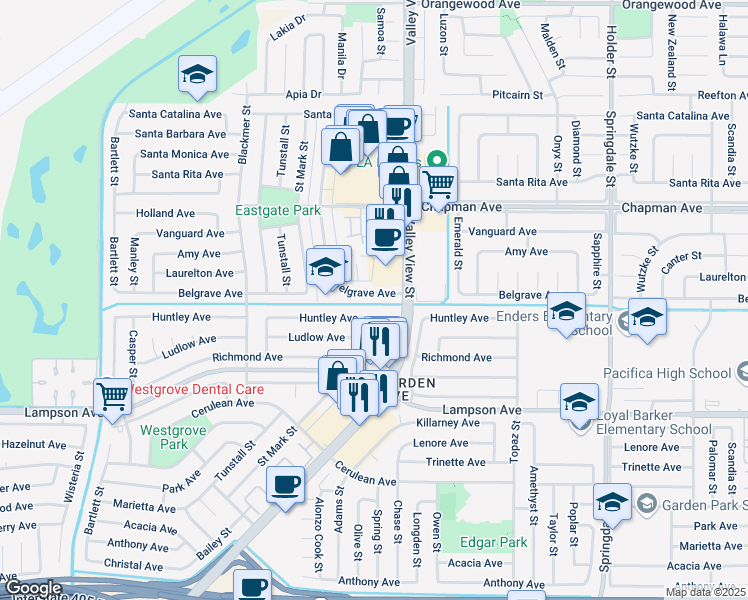 map of restaurants, bars, coffee shops, grocery stores, and more near 5902 Belgrave Avenue in Garden Grove