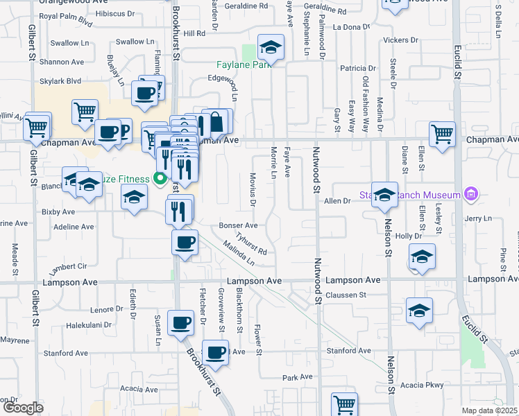 map of restaurants, bars, coffee shops, grocery stores, and more near 12236 Movius Drive in Garden Grove