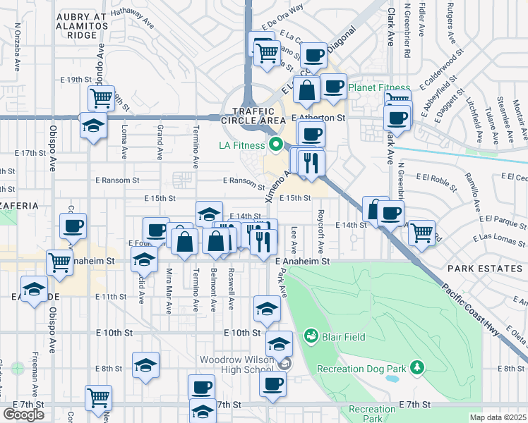 map of restaurants, bars, coffee shops, grocery stores, and more near 1411 Ximeno Avenue in Long Beach