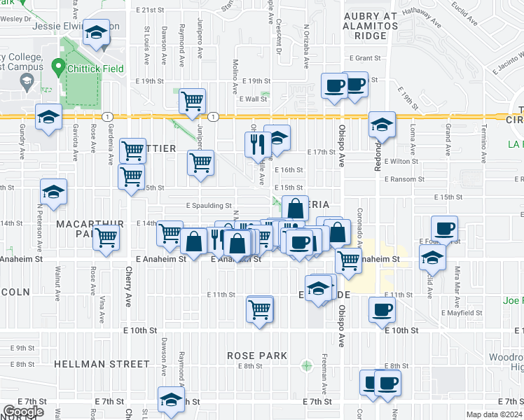 map of restaurants, bars, coffee shops, grocery stores, and more near 2726 East Spaulding Street in Long Beach