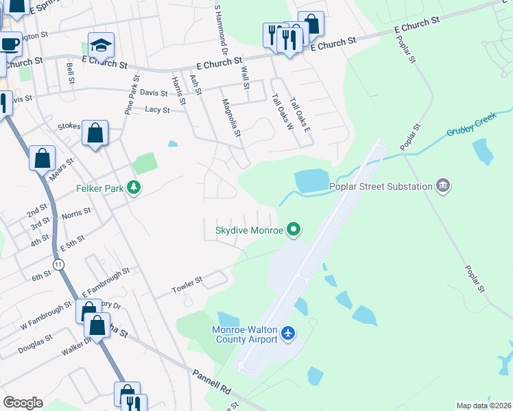map of restaurants, bars, coffee shops, grocery stores, and more near 1043 Wheel House Lane in Monroe