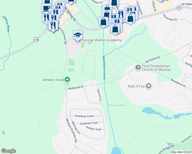map of restaurants, bars, coffee shops, grocery stores, and more near 410 Saint Ives Walk in Monroe