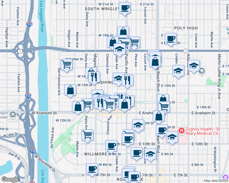 map of restaurants, bars, coffee shops, grocery stores, and more near 1439 Cedar Avenue in Long Beach